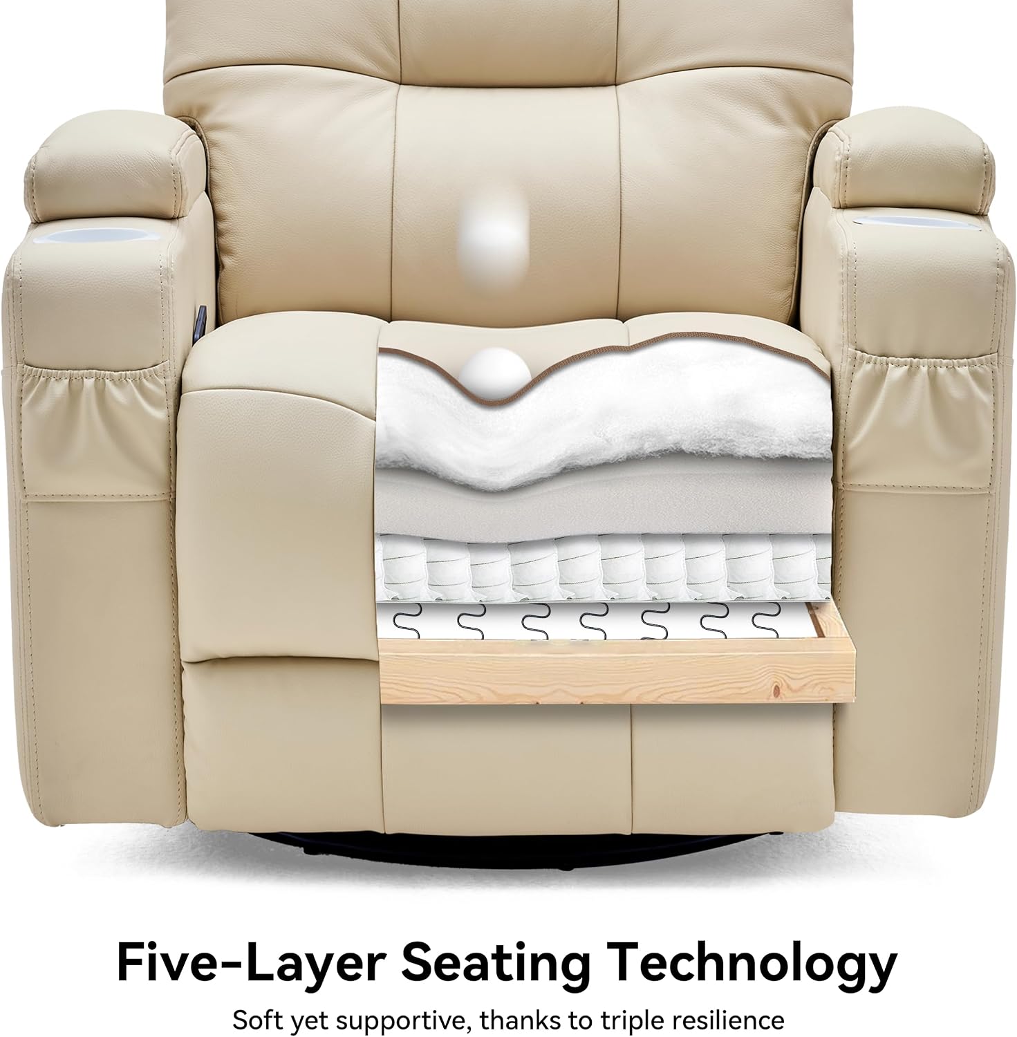 AIRSKY Leather Recliner Chair, Swivel Rocker Recliner Chair, Rocking Chair Nursery, Glider Rocking Chair with Thick Cushion, Oversize Glider Rocking Chair, Nursery Chair with High Back, Beige,R2