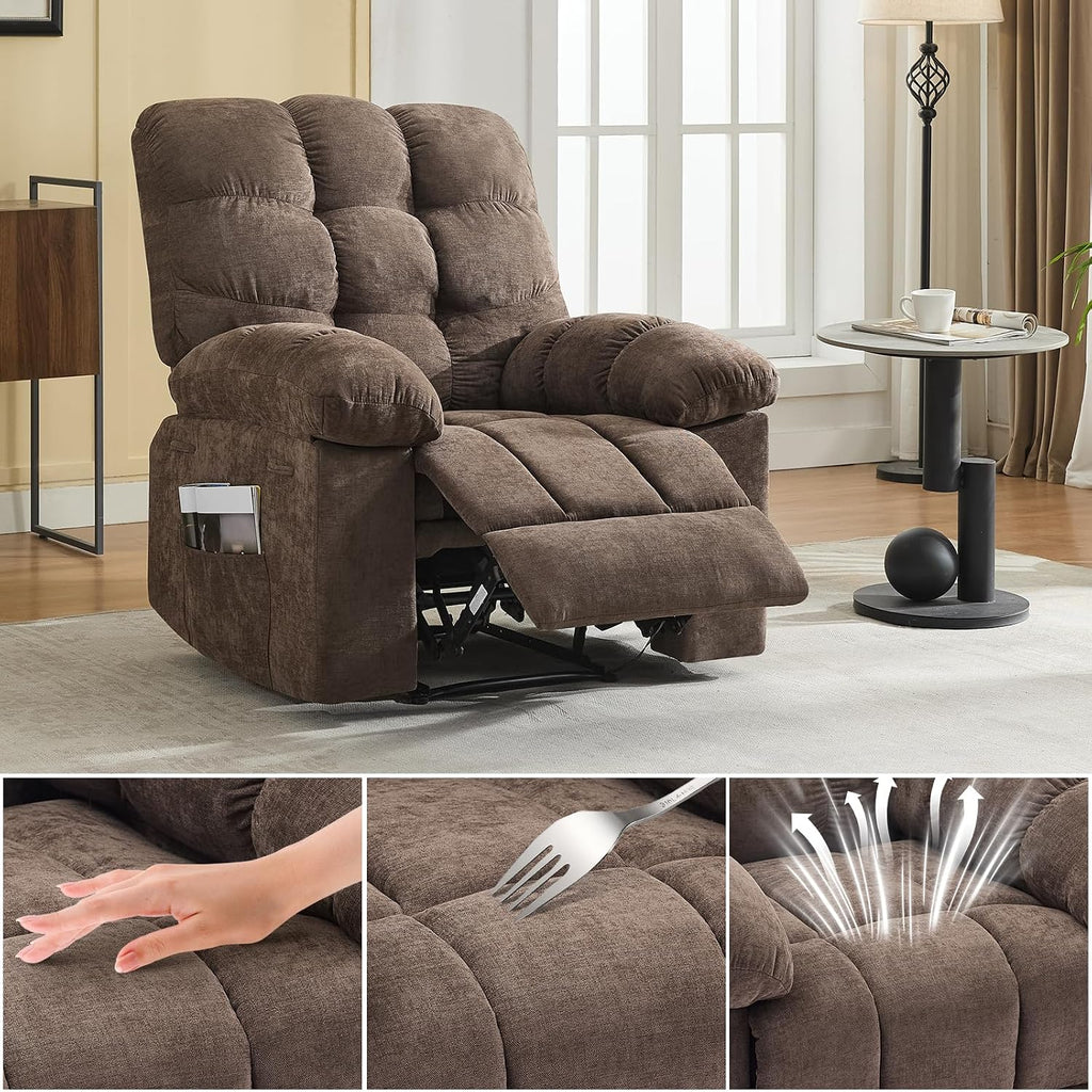 Recliner Rocking Chair with Massage & Heat, Wide Overstuffed Fabric Recliner with Breathable Upholstery, Ergonomic Design, 2 Side Pockets & Remote Control for Living Room or Bedroom (Darkbrown)