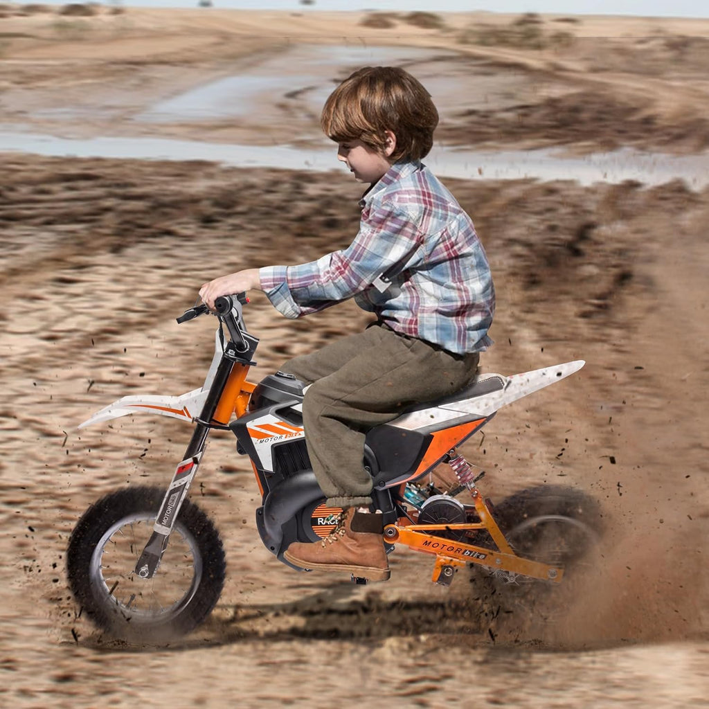 24V Kids Electric Dirt Bike, 250W Strong Motor 14MPH Fast Speed Electric Off-Road Motorcycle, Leather Seat Battery Powered Off-Road Bike, White