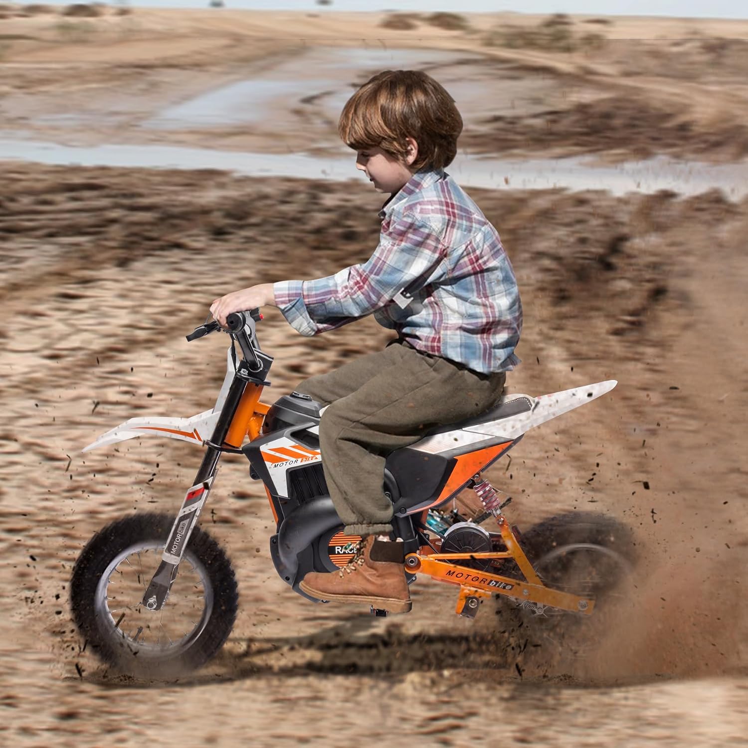24V Kids Electric Dirt Bike, 250W Strong Motor 14MPH Fast Speed Electric Off-Road Motorcycle, Leather Seat Battery Powered Off-Road Bike, White