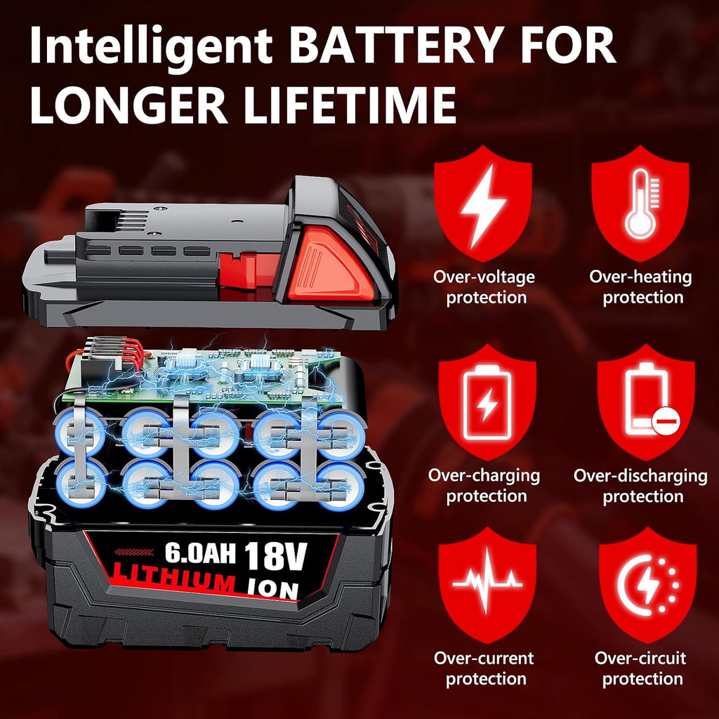 Replacement for Milwaukee M18 Battery, 6000mAh 18V Lithium High-Capacity Batteries Compatible with M18 Cordless Power Tools and Charger 48-11-1850 48-11-1860 48-11-1828 48-11-1815 48-11-1822 (4PACK)