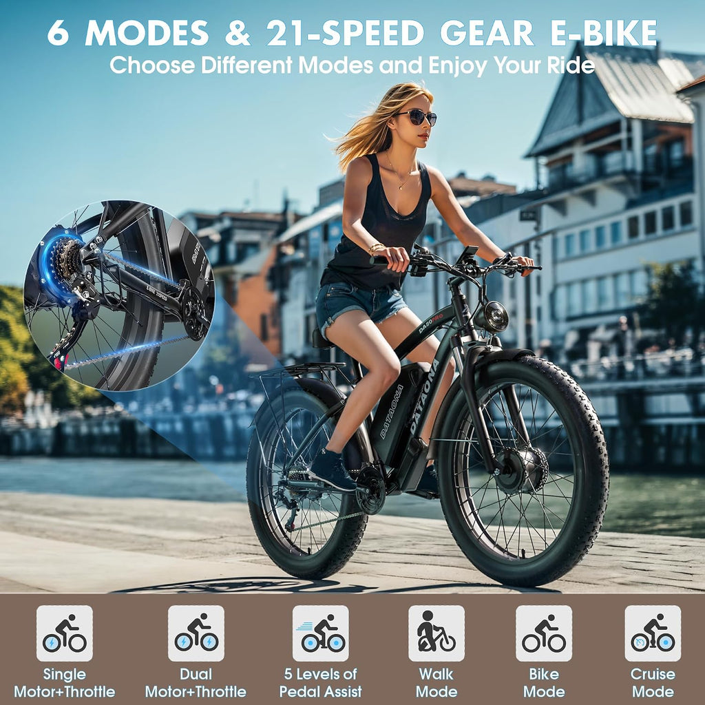 DATAONA 6500W Electric Bike for Adults: 45MPH Fast Dual Motor EBike, 24' 26' Fat Tire Electric Bike, 52V 32AH Battery Up to 100 Miles, Hydraulic Disc Brake E Bicycle for Mountain Off-Road Commuter