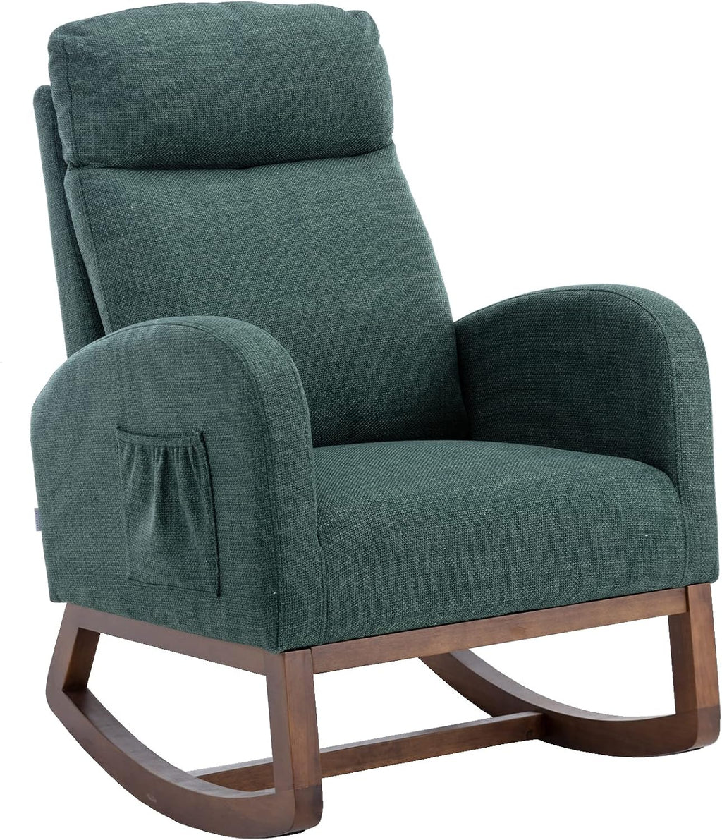 Modern Rocking Chair with Breathable Yellow Linen & Solid Wood Legs - Recliner Glider Armchair Featuring Side Pocket, High Back Support for Nursery, Living Room, Bedroom (Emerald)