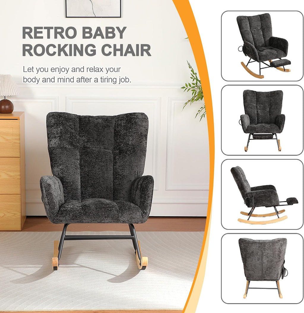 Rocking Chair Nursery with Airbag, Nursery Rocking Reading Chair Indoor, Cozy Upholstered Glider Rocker Chairs with High Backrest for Living Room Bedroom Offices(Chenille, Black)