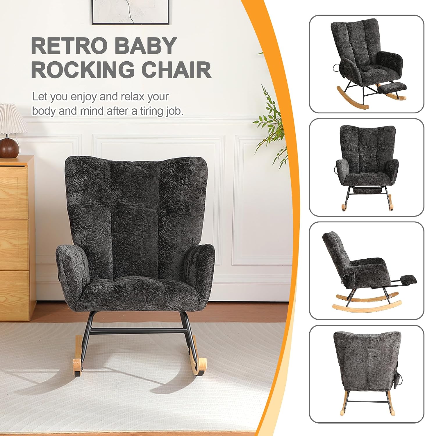 Rocking Chair Nursery with Airbag, Nursery Rocking Reading Chair Indoor, Cozy Upholstered Glider Rocker Chairs with High Backrest for Living Room Bedroom Offices(Chenille, Black)