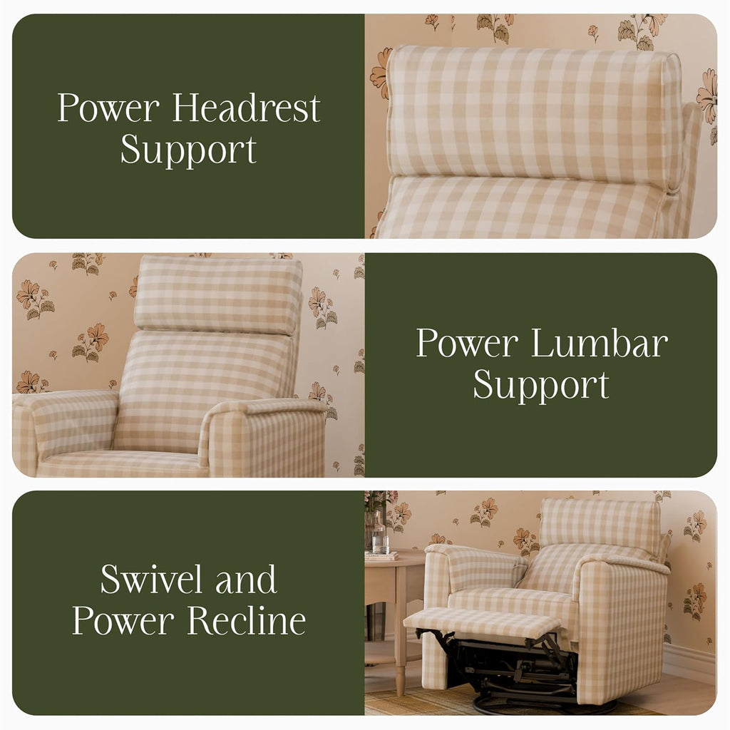 Namesake Willa Pro Power Recliner and Swivel Glider in Tan Gingham, Built-in USB Charging Port, Under Chair Light, Adjustable Headrest and Lumbar Support | Greenguard Gold and CertiPUR-US® Certified