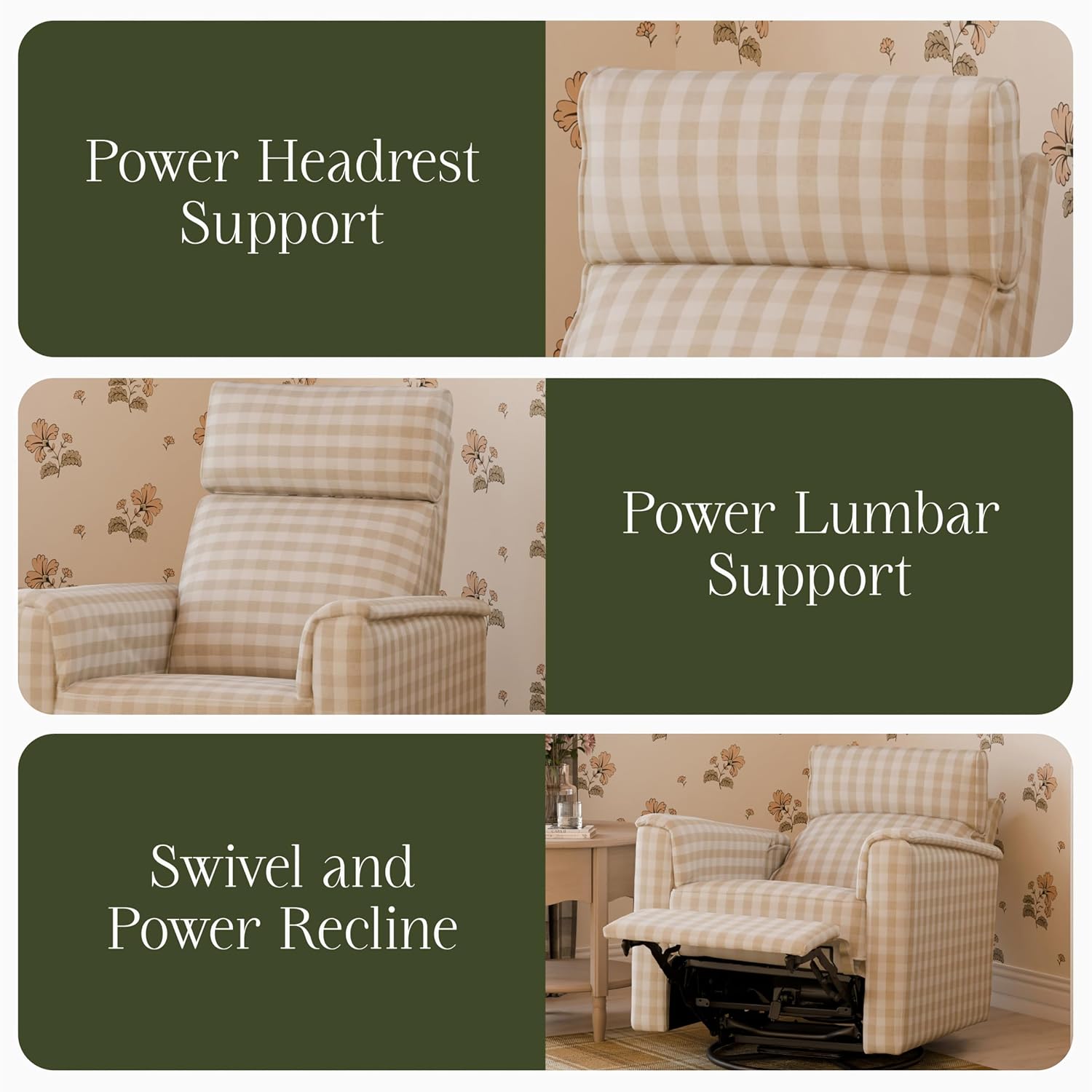 Namesake Willa Pro Power Recliner and Swivel Glider in Tan Gingham, Built-in USB Charging Port, Under Chair Light, Adjustable Headrest and Lumbar Support | Greenguard Gold and CertiPUR-US® Certified