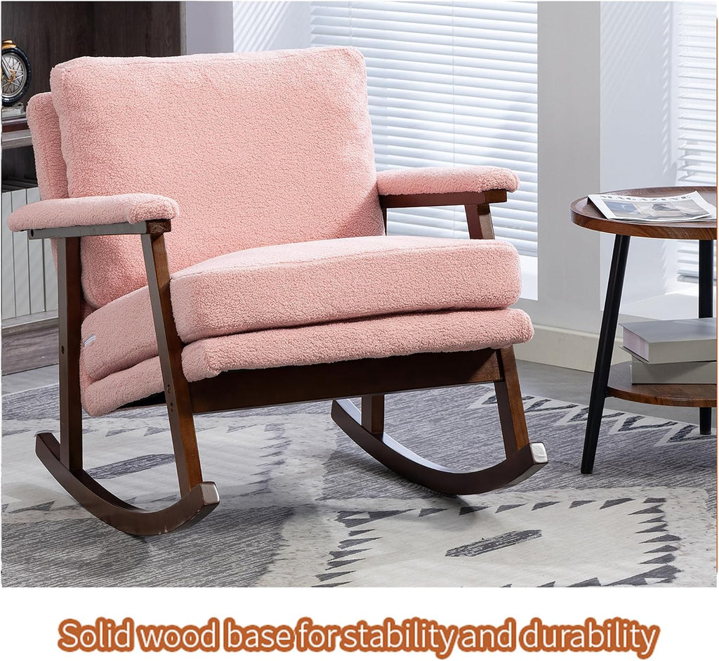Nursery Rocking Chair Velvet Upholstered Accent Rocker Chair with Backrest Comfy Soft Rocker Glider Solid Rubber Wood Leg for Bedroom Living Room Nursing Room, Pink