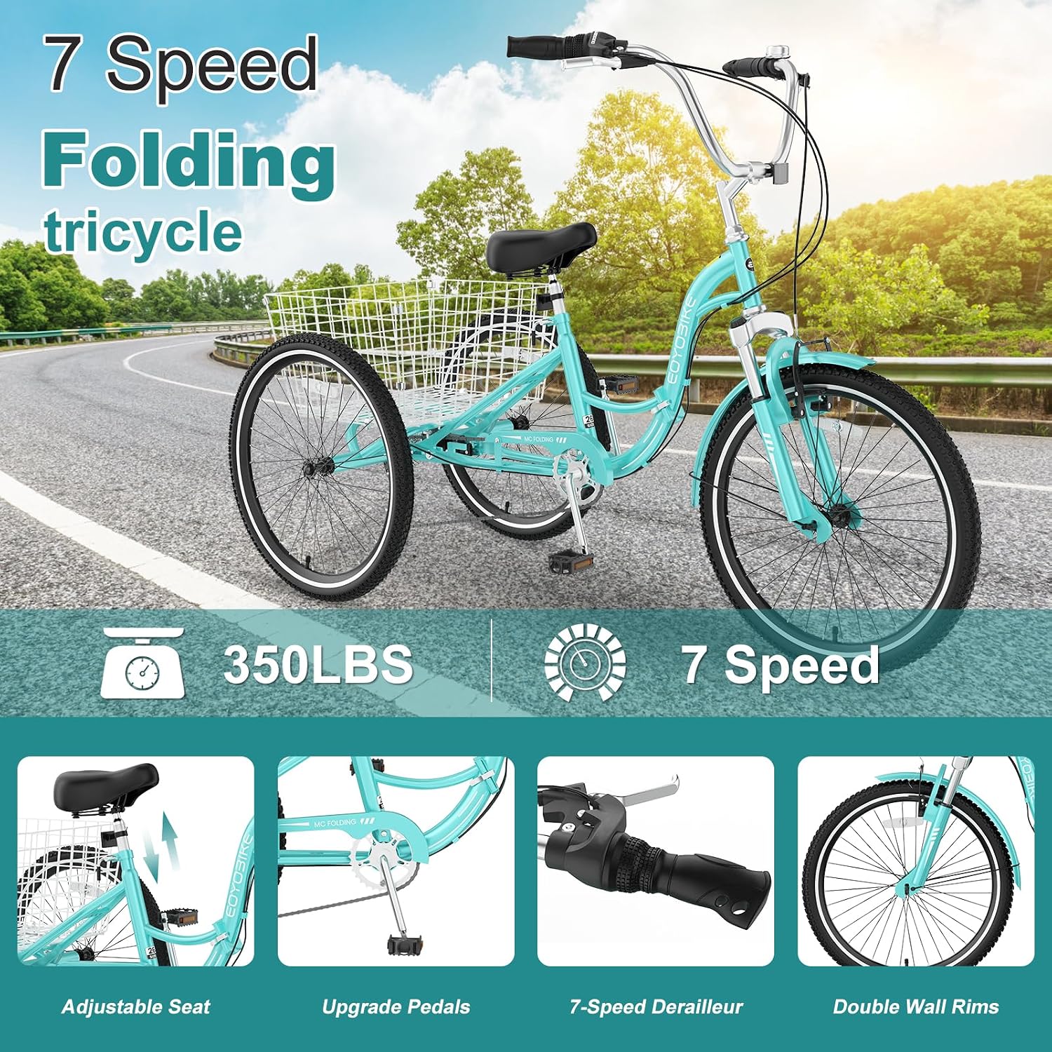 MOPHOTO Adult Folding Tricycle, 7-Speed 3 Wheel Bike for Adults, Seniors, Women & Men, 20/24/26 Inch Low Step-Through Trike with Large Rear Cargo Basket, Adjustable Seat, Space-Saving Cruiser Bicycle