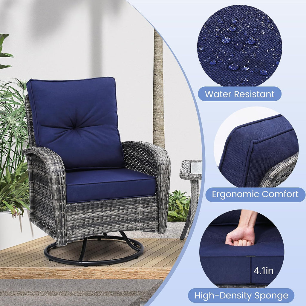 wildformers Luxury Outdoor Swivel Wicker Glider Patio Chairs with Table Set, Overstuffed Washable Cushions, Ideal for Porch, Balcony, Deck, Grey Rattan and Blue Cushion