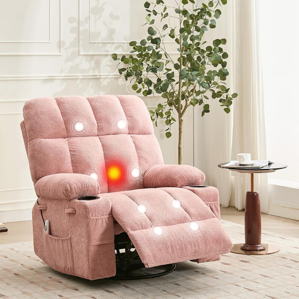 IDEALHOUSE Rocking Recliner Chair with Heat, 38.5' Oversized Swivel Rocker Recliner with Massage, Side Pockets & Cup Holders, Reclining Sofa for Living Room, Bedroom (Pink, Linen)