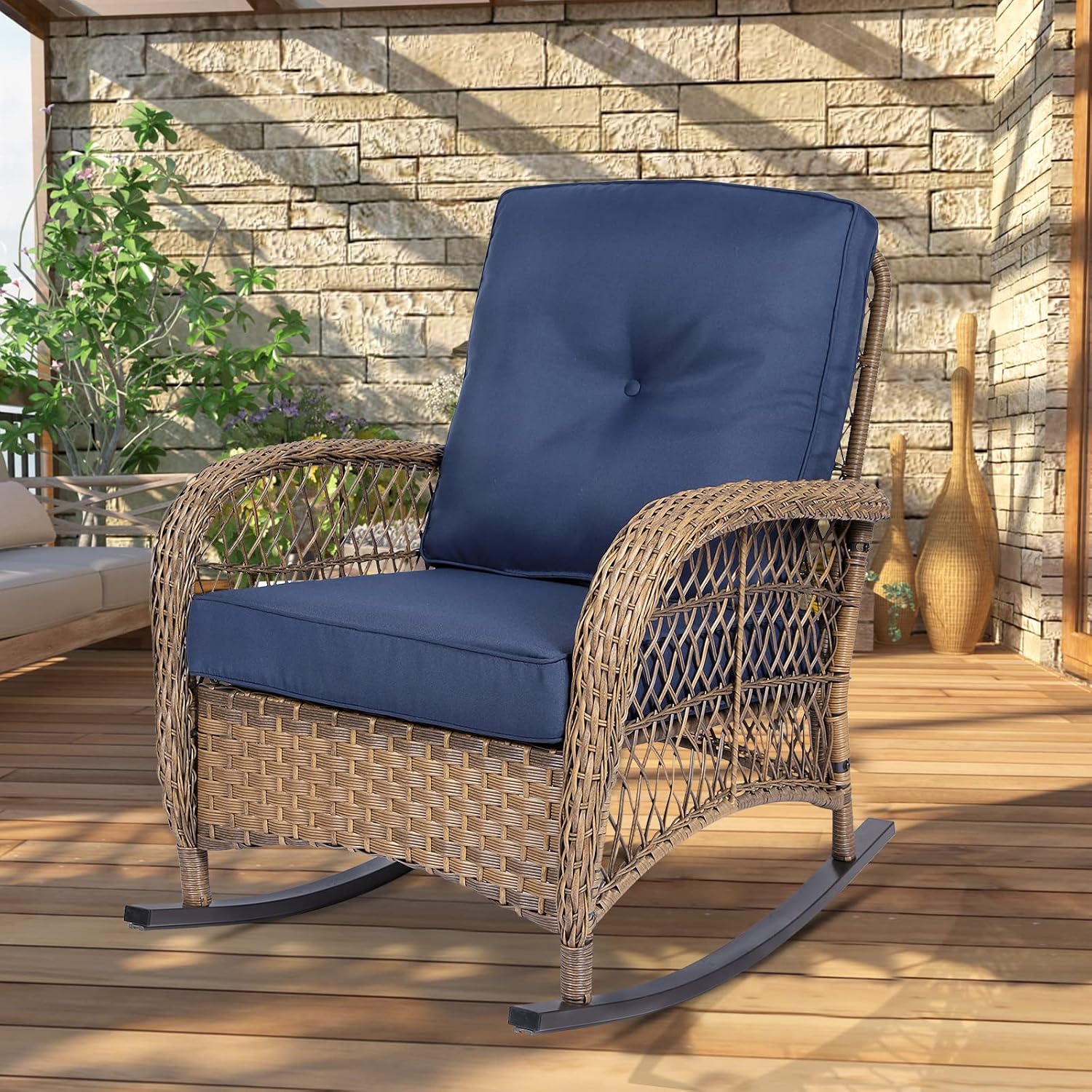 Outdoor Wicker Rocking Chair with Thickened Cushions, All-Weather Rattan Patio Rocking Chairs, Rocker Wicker Chair for Porch Garden & Backyard, Navy Blue