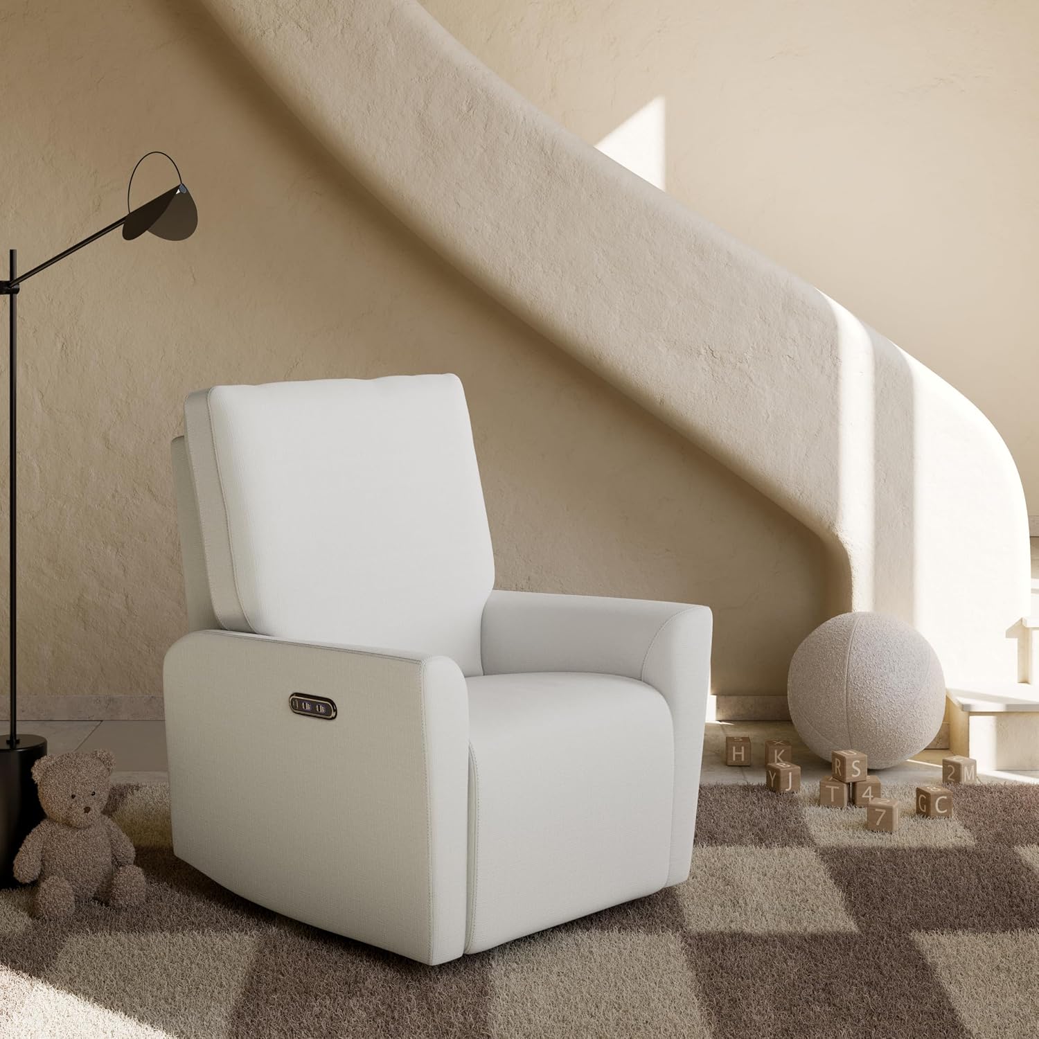 Storkcraft Santorini Deluxe Power Recliner Swivel Glider (Ivory Basketweave) – Premium Electronic Power Recliner for Nursery, Includes Dual-USB Charging Port for USB-A & USB-C, Glider Rocking Chair