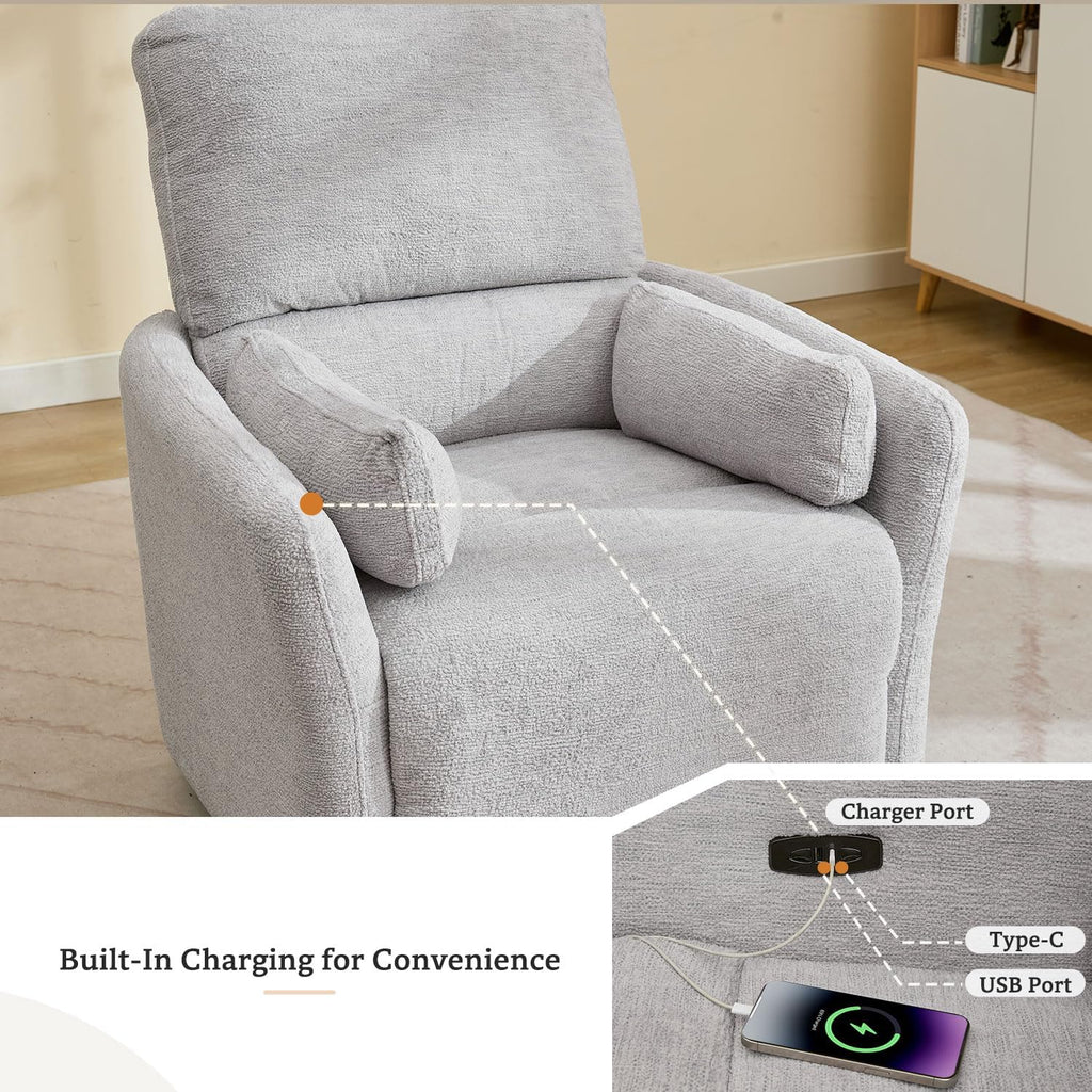 Oversized Power Swivel Rocker Recliner Glider Nursery Chair Large Rocking Recliner for Adults with USB,Type-C Ports,2 Pillows Electric Rocking Reclining Chairs for Living Room,Bedroom,Suede,Gray
