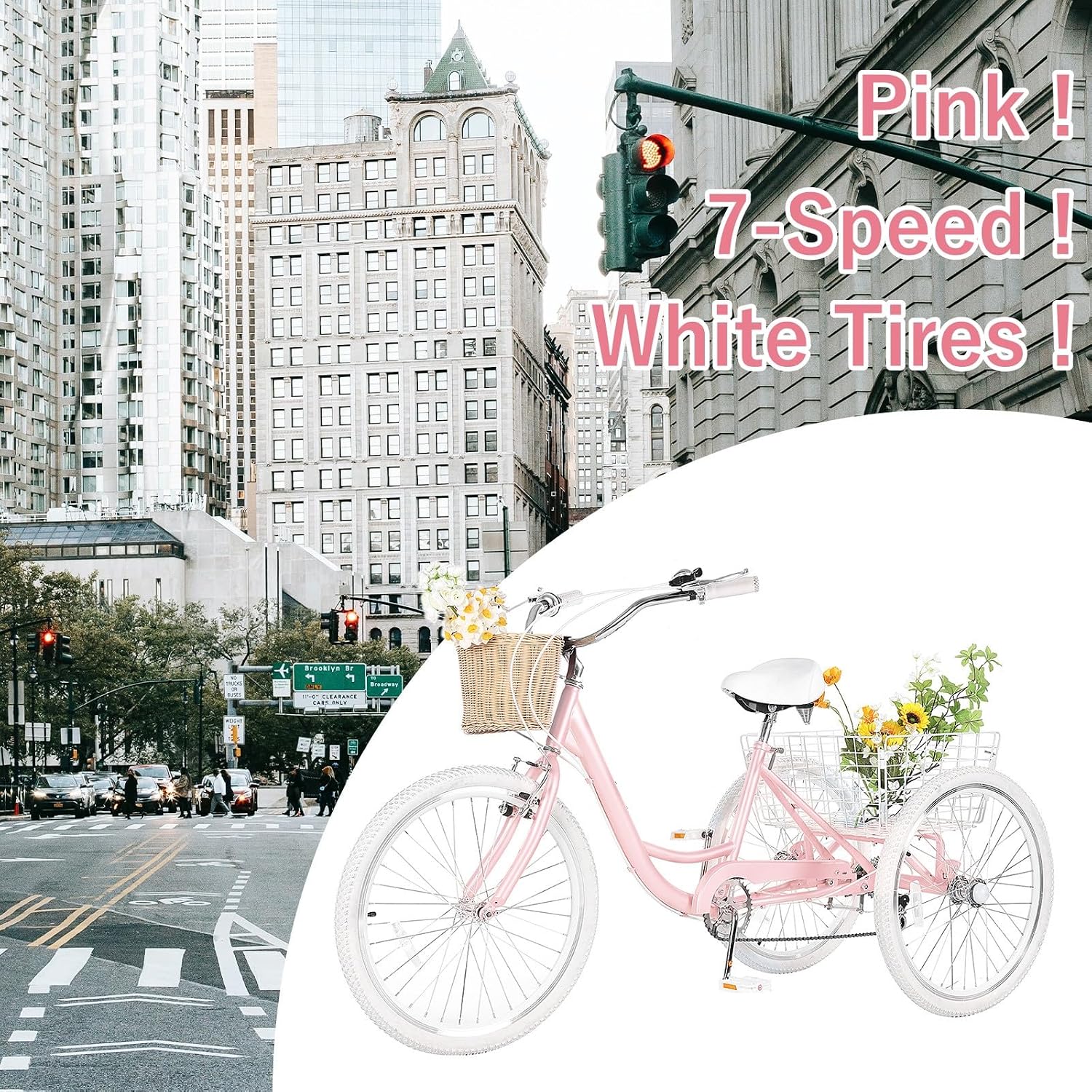 Adult Tricycles for Adults, 7 Speed Adult Trikes, 20/24/26 inch 3 Wheel Bike with Basket, Three-Wheeled Cruiser Bicycles for Women and Men, Without Fenders
