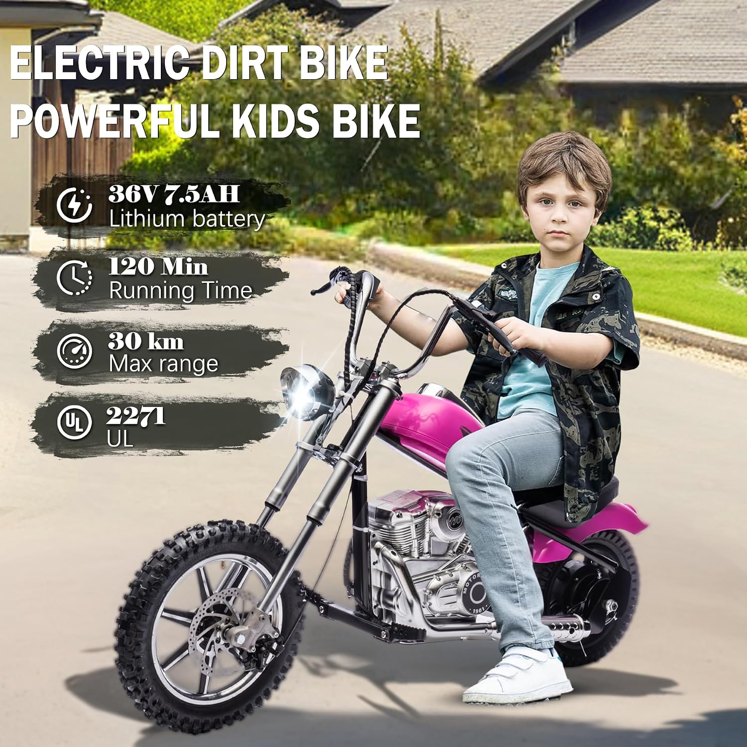 36V 7.5AH Electric Motorcycle for Kids, 350W Strong Motor 14MPH Fast Speed Electric Retro Off-Road Motorcycle, Leather Seat Dirt Bike, LED Lights, Air-Filled Tires, Silver Pink