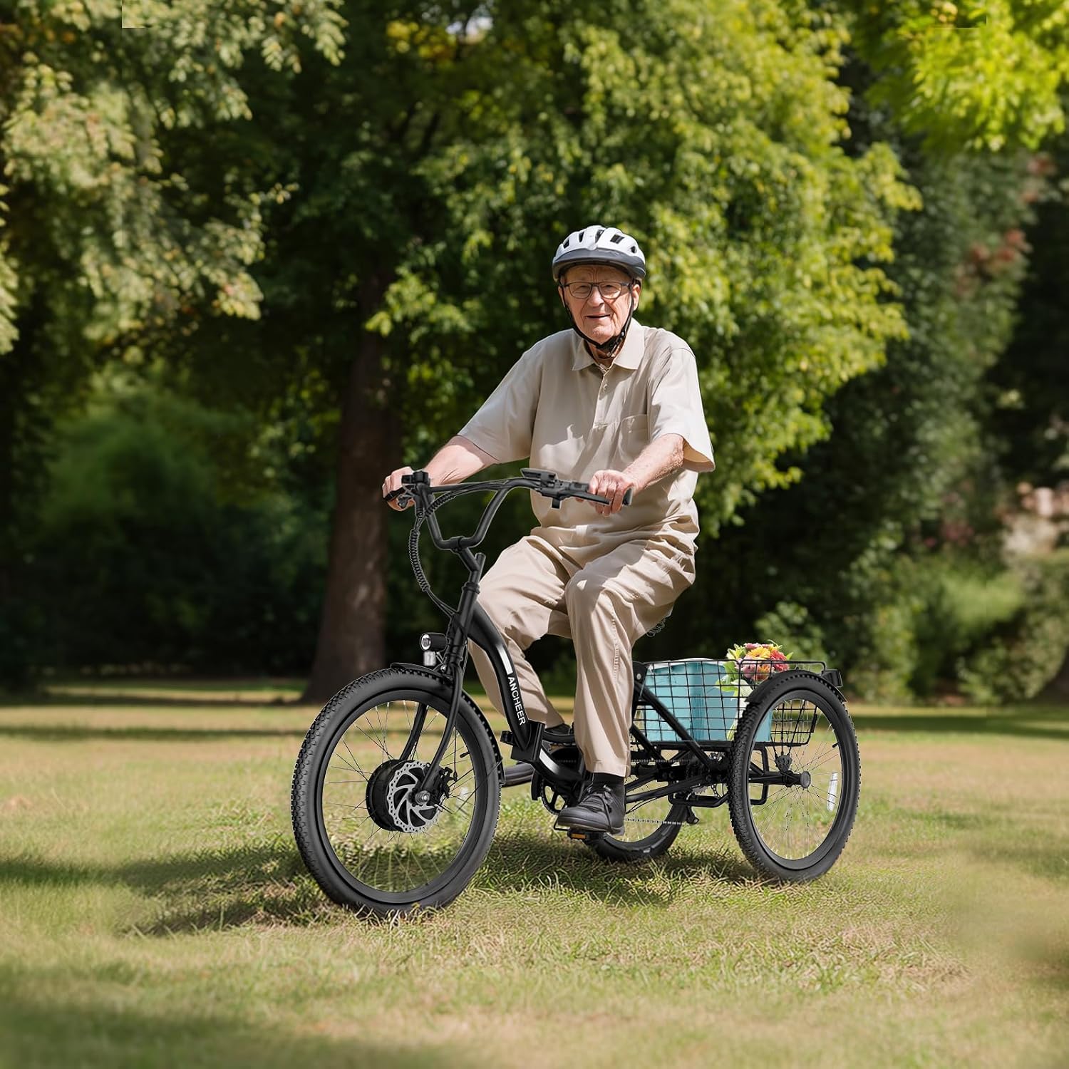 ANCHEER Electric Tricycle for Adults, 350W(Peak 550W) Etrike, 48V/499Wh Ebike, 24' Folding 3 Wheel Electric Trike, 15.5MPH & 55Miles Electric Bike, Rear Differential, Rear Basket