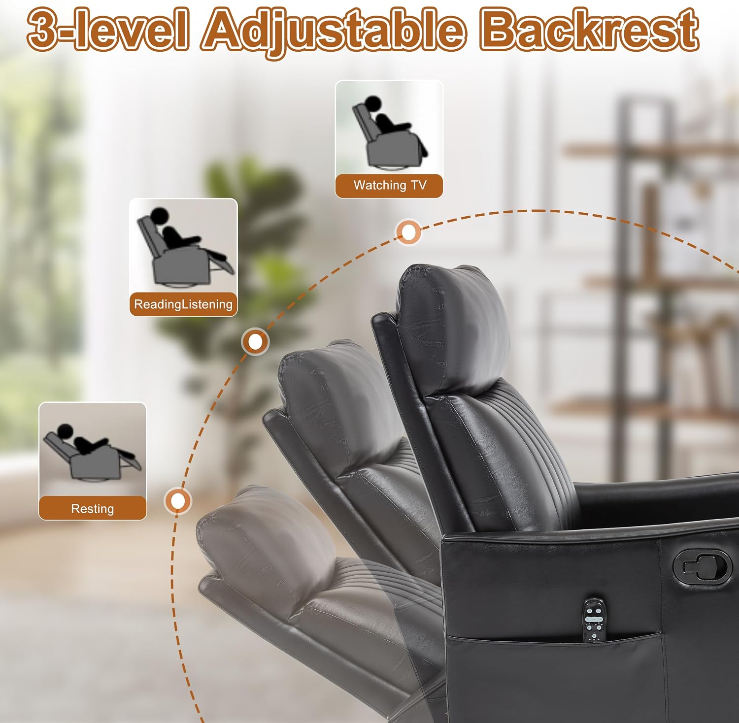 Manual Swivel Rocker Recliner Chair for Adults, Overstuffed Recliner Glider with Massage and Heat, Living Room Reclining Chair, PU Leather Black