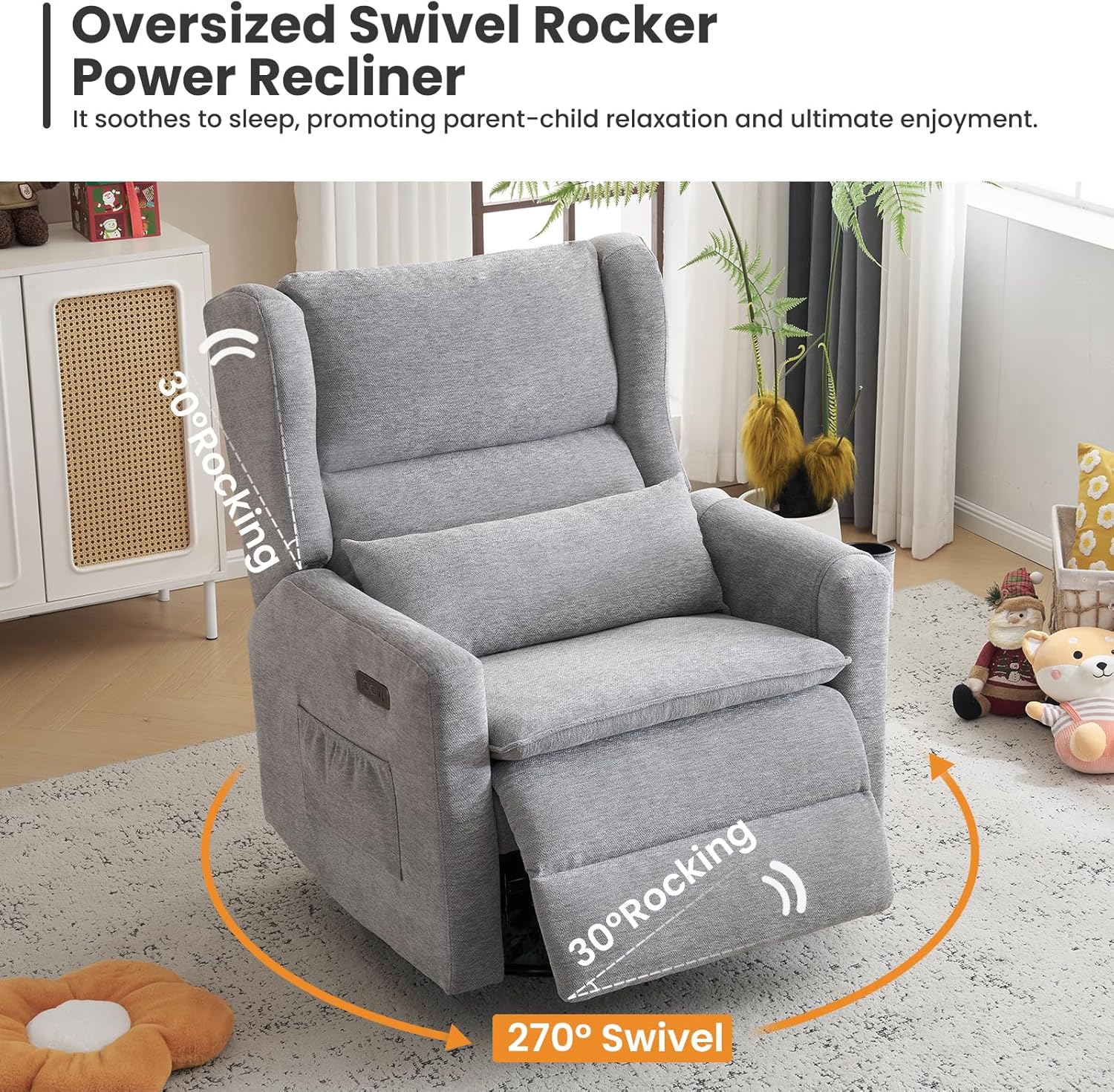 Power Recliner Chair,Oversized Swivel Rocker Recliner with Adjustable Headrest,Nursery Rocking Chair with Lumbar Cushion for Living Room,Grey