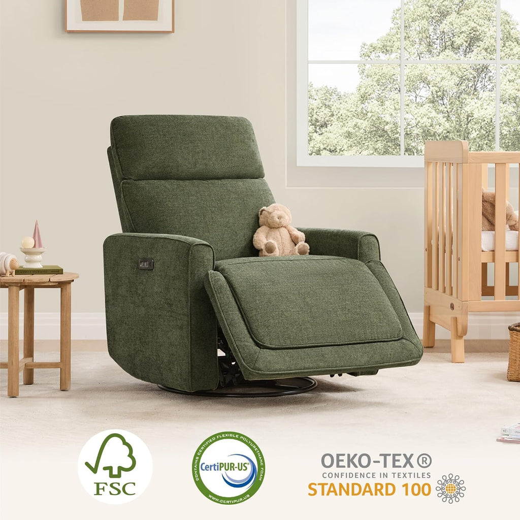 CHITA Power Recliner Chair Swivel Glider with Adjustable Power Headrest, FSC Certified Electronic Modern Nursery Rocking Chair with USB and Type-C Ports, Forest Green