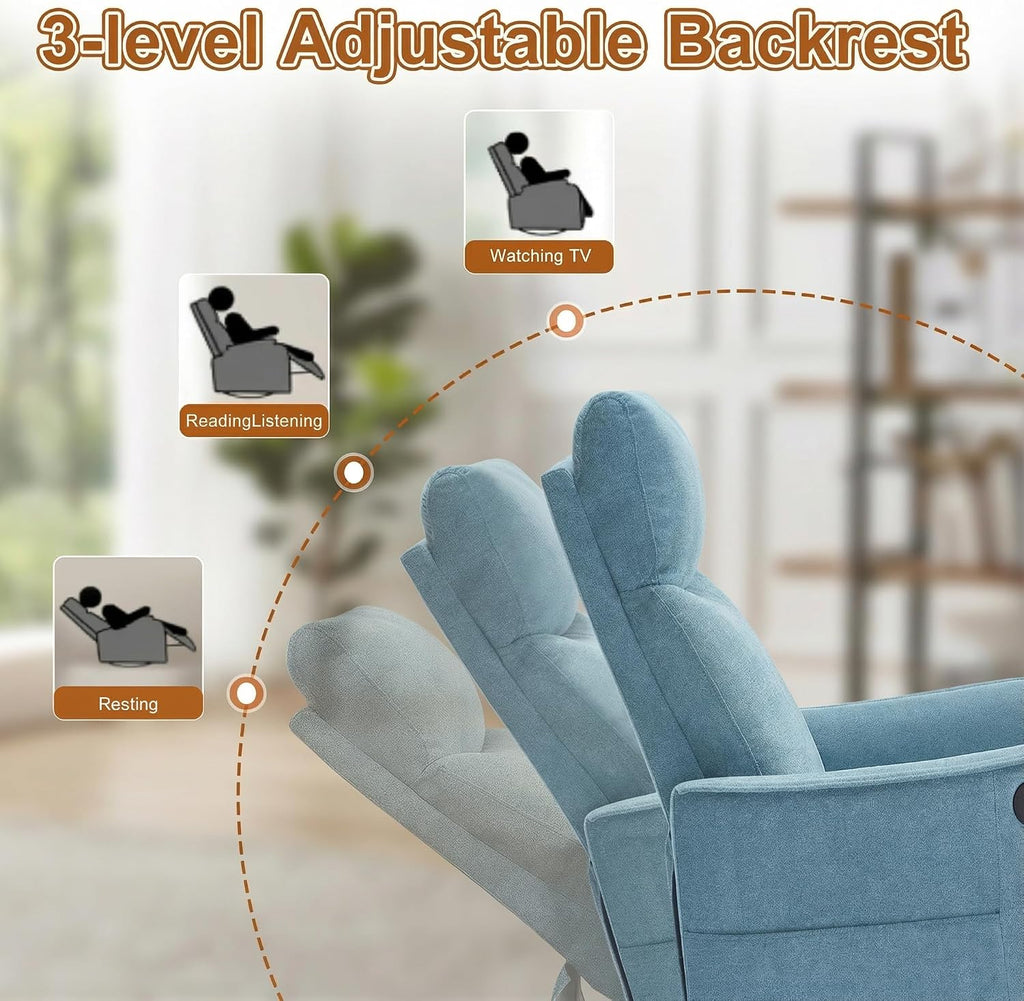 Manual 360° Swivel Rocker Recliner Chair for Adults, Overstuffed Glider Chair for Nursery with Vibration Massage and Heat, Comfy Soft Fabric Glider with Side Pockets for Living Room, Blue