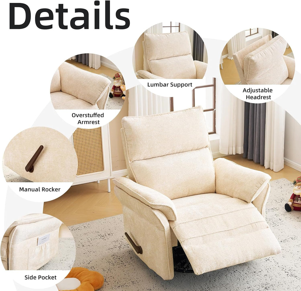 Oversized Recliner Chair, 26' Extra Wide 360° Swivel Rocker Recliner with Adjustable Headrest, Chenille Glider Rocking Nursery Chair with Overstuffed Armrest, Lumbar Support, Beige