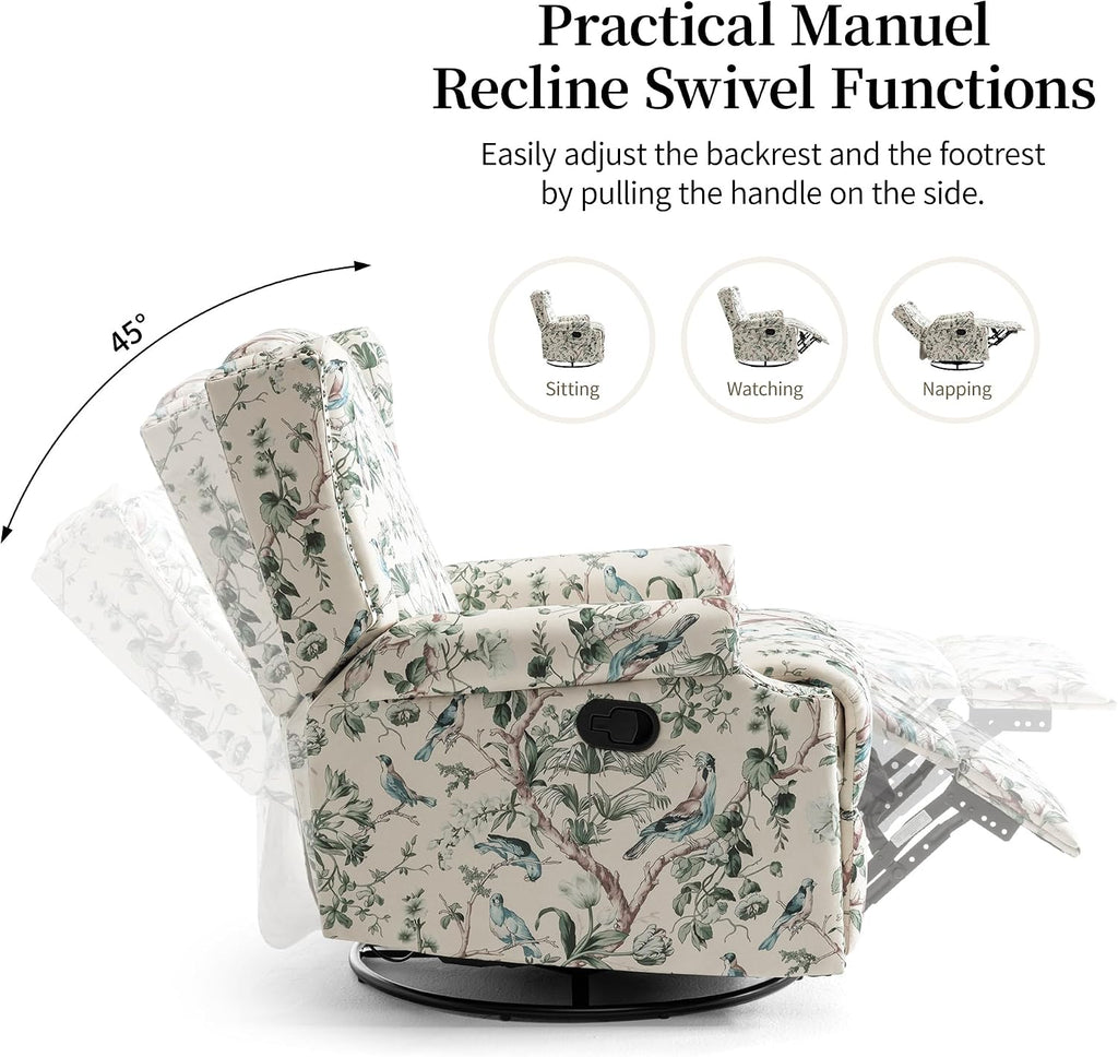 Lumibee Swivel Rocker Recliner Chair, Printed Fabric High Back Swivel Glider Rocking Chair, Upholstered Deep Seat Wingback Recliner Chair for Living Room Bedroom, Bird