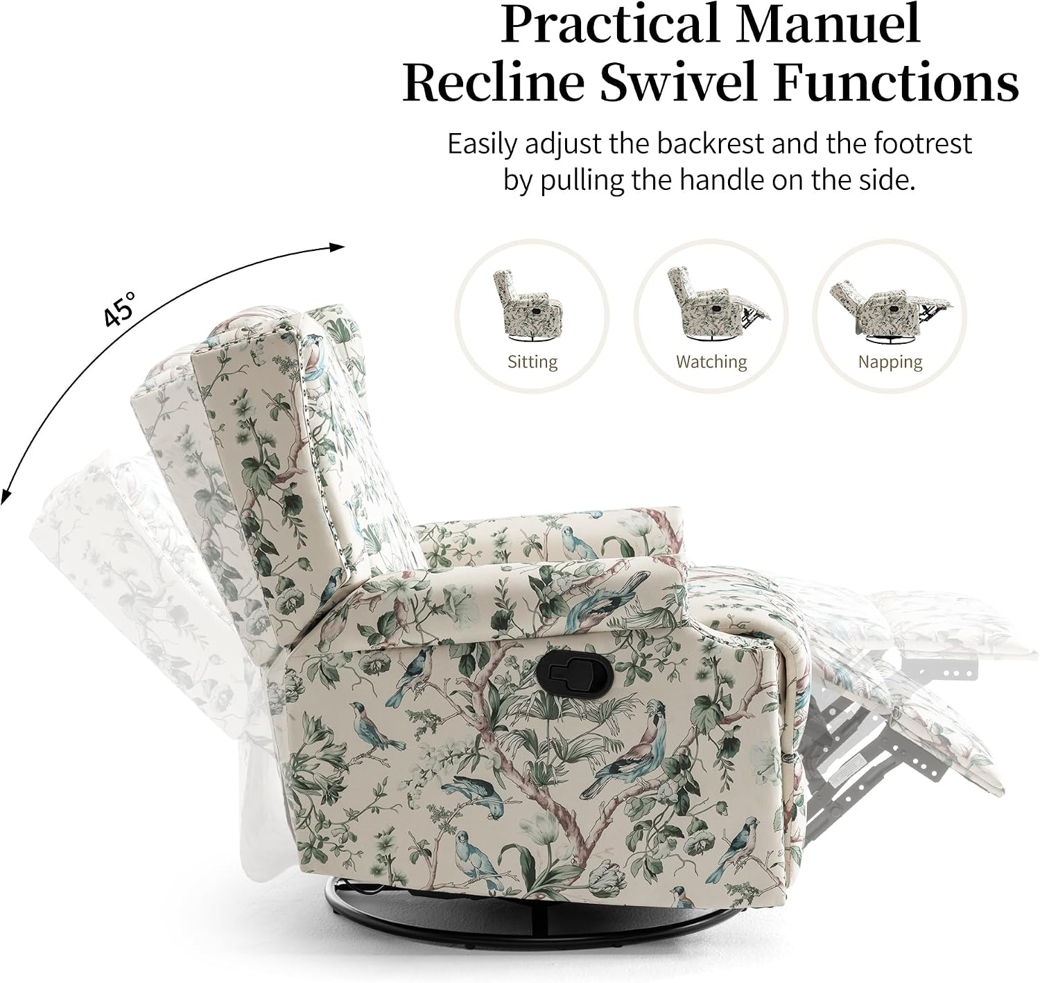 Lumibee Swivel Rocker Recliner Chair, Printed Fabric High Back Swivel Glider Rocking Chair, Upholstered Deep Seat Wingback Recliner Chair for Living Room Bedroom, Bird