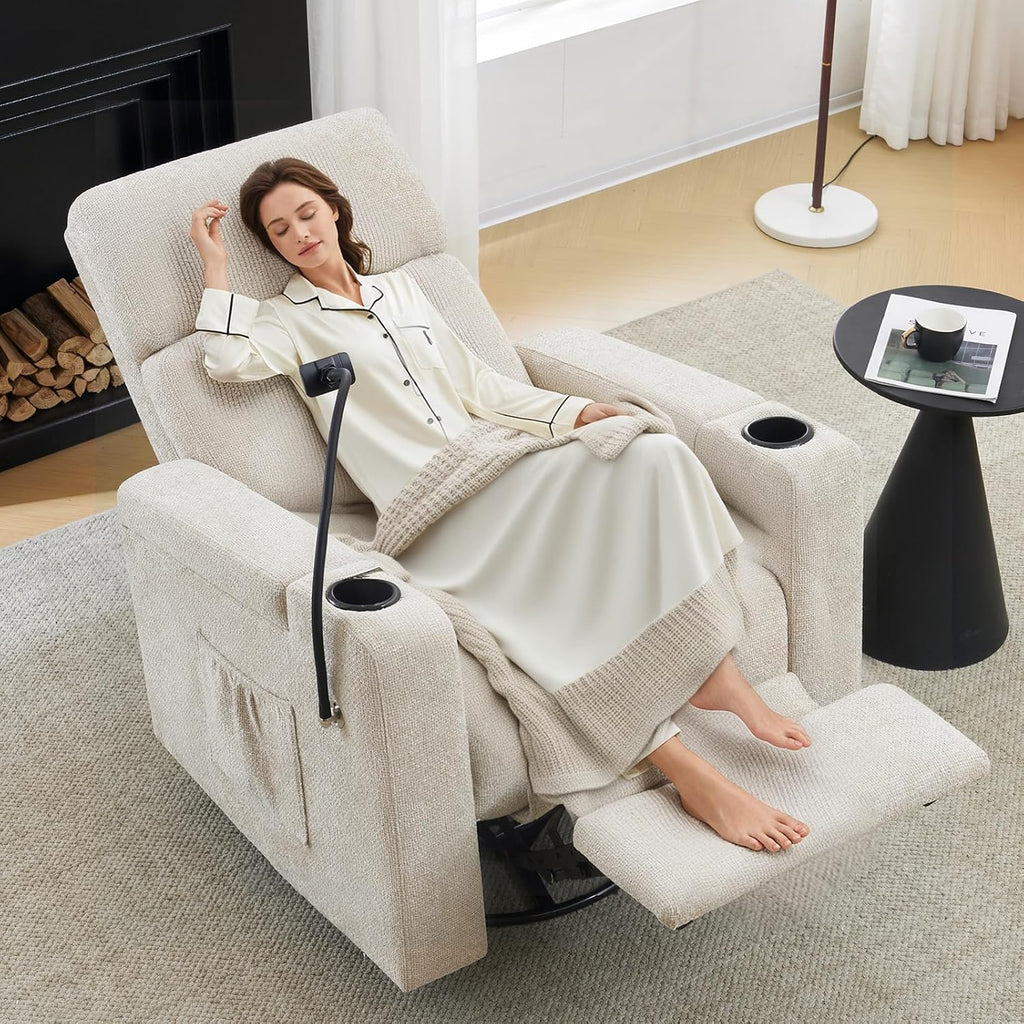 ABCASA Power Recliner Rocking Chair Nursery Glider, Swivel Reclining Nursery Rockers for Baby Room & Living Room, Chenille Chair with Phone Holder, USB/Type-C Ports, Arm Storage, Light Brown