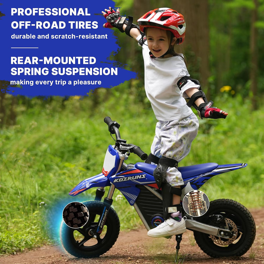 Electric Dirt Bike for Boys Girls Ages 3-6, 150W High Racing Competition Grade Motorcycle, Up to 8MPH 2 Speed Settings Balance Bike, 12IN Off-Road Tires & Advanced Shock Absorption, Blue