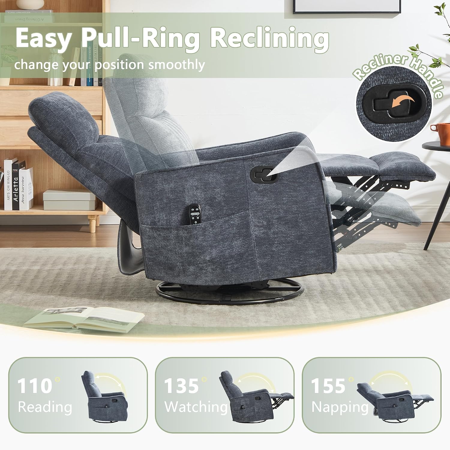 cinkehome Heated Massage Swivel Rocker Recliner Chair for Nursery - Small Space Reclining Chair with Lumbar Support, 360° Swivel & Gentle Rocking, Ergonomic High Back Chenille Fabric Blue