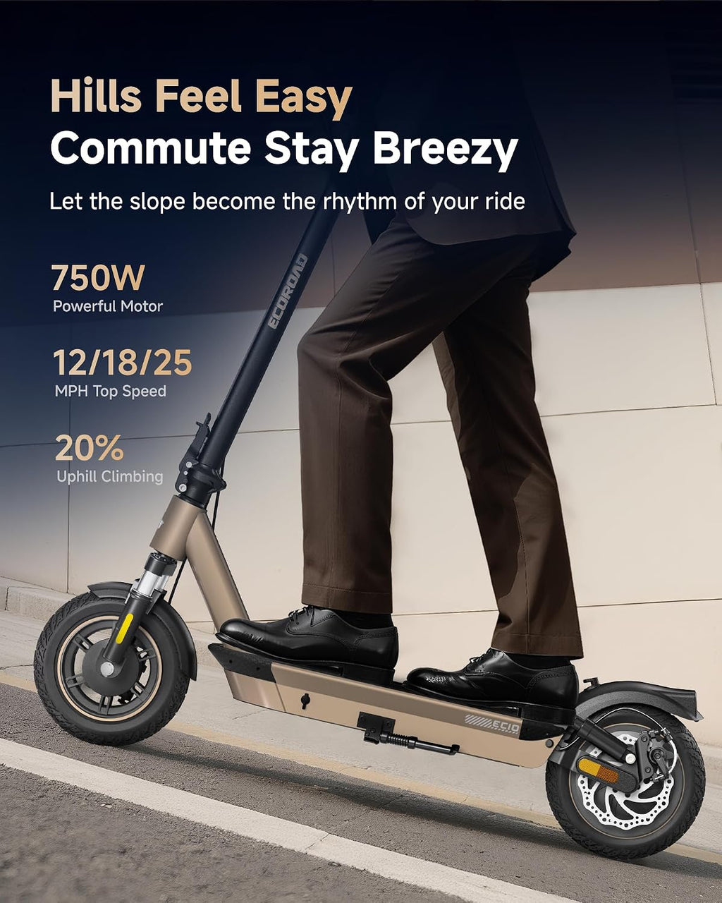 ECOROAD EC10 Electric Scooter for Adults, 750W Motor & 25 MPH & 32 Miles Long Range, 10' Tires with Dual Suspension, Foldable Commuting E Scooter with App Control