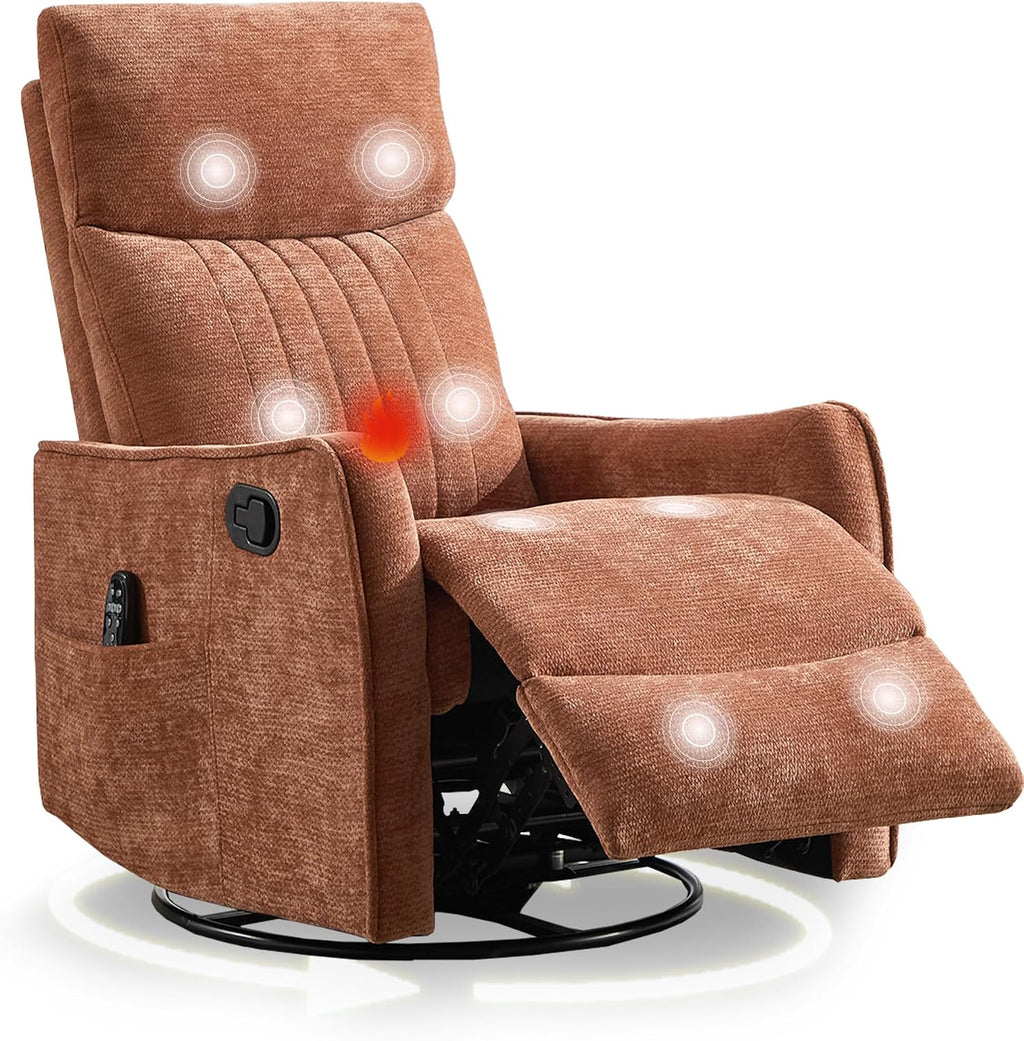 cinkehome Heated Massage Swivel Rocker Recliner Chair for Nursery - Small Space Reclining Chair with Lumbar Support, 360° Swivel & Gentle Rocking, Ergonomic High Back, Orange Chenille