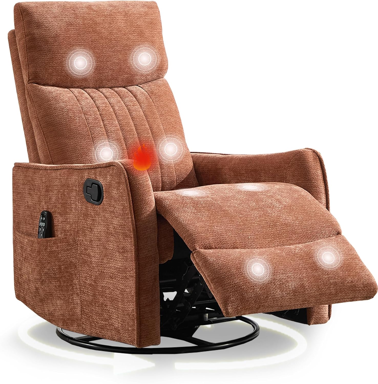 cinkehome Heated Massage Swivel Rocker Recliner Chair for Nursery - Small Space Reclining Chair with Lumbar Support, 360° Swivel & Gentle Rocking, Ergonomic High Back, Orange Chenille