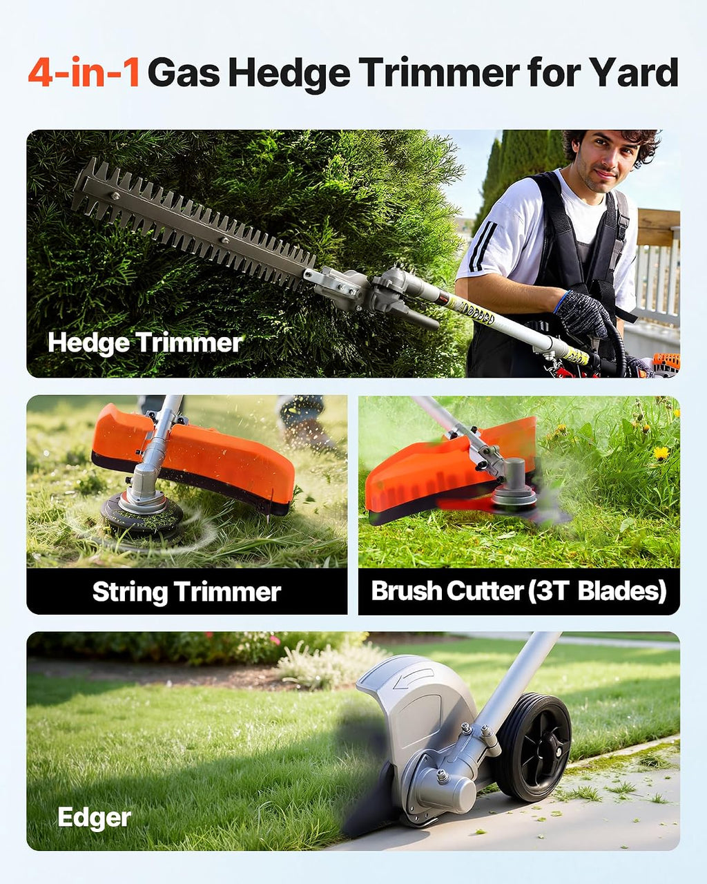 VEVOR Gas Hedge Trimmer, 2 Cycle Gas Power Handheld Hedge Trimmer, 4-in-1 26cc Weed Eater with Protective Gear Set, Includes Hedge and String Trimmer, Edger, Brush Cutter, for Trimming Shrubs & Bushes