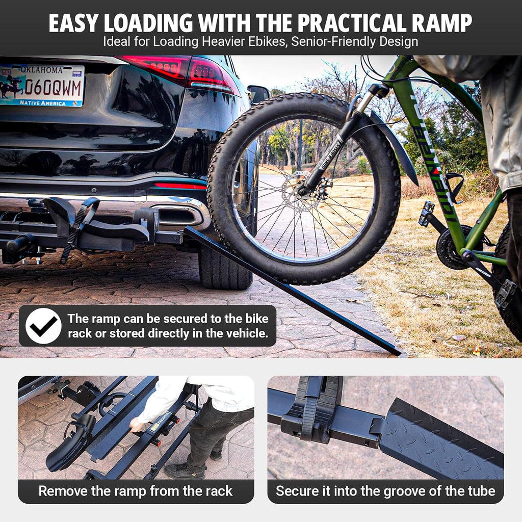 TRAILV2 Hitch Mount 2-Bike Rack with Bike Ramp - Tilt, Fold, Anti-Theft Hitch & Wheel Lock, 170lbs Capacity, 2-Inch Receiver, Up to 5.0' Fat Tire, Electric Bike Rack for Car, SUV, RV, Truck