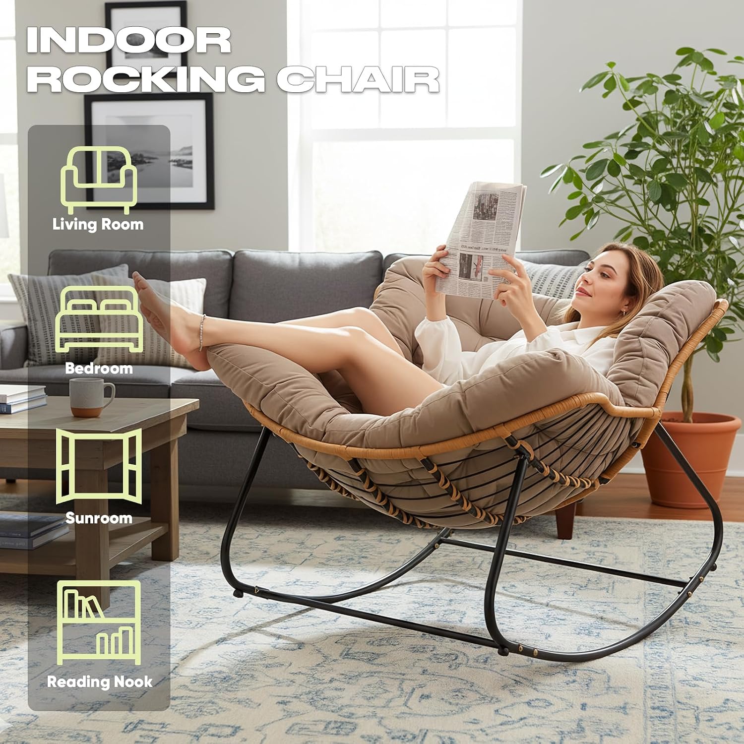 Papasan Chair with Cushion, Oversized Outdoor Rocking Chair, Patio Egg Chair Outdoor, Wicker Modern Cozy Comfy Chair for Bedroom, Living Room, Garden, Balcony, Lawn, Light Brown