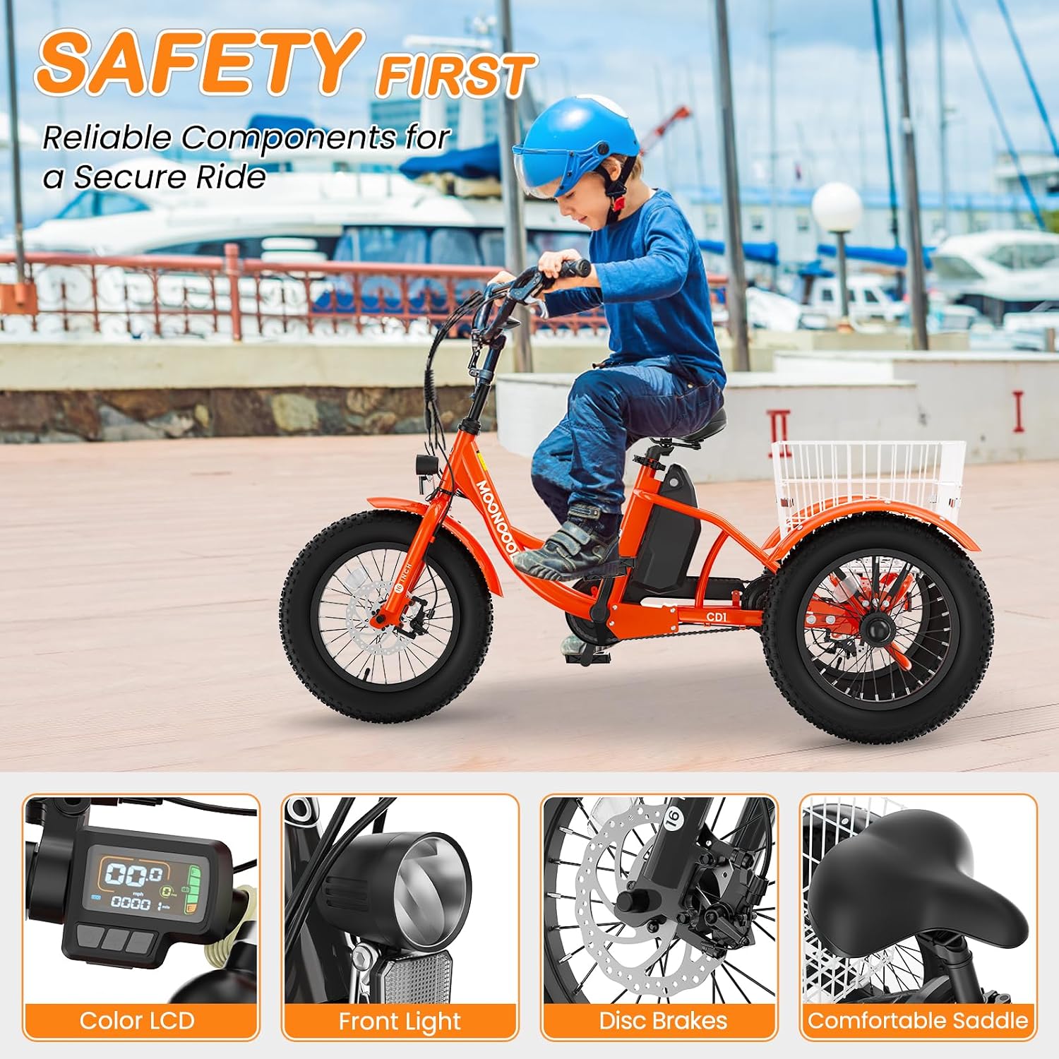 MOOHOTO 16' Electric Tricycle for Small Riders, 3 Wheel Fat Tire E-Trike with Low Step-Through Aluminum Frame, Low-Speed Mode, Removable Battery, Rear Basket, Easy Control for Beginners