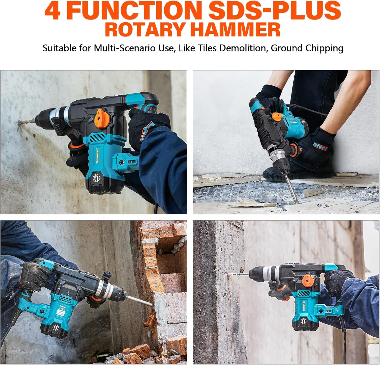 Berserker 1-1/4' SDS-Plus Rotary Hammer Drill with Vibration Control,Safety Clutch,12.5 Amp 4 Functions Corded Rotomartillo for Concrete-Including 3 Drill Bits,Flat Chisel,Point Chisel,Carrying Case