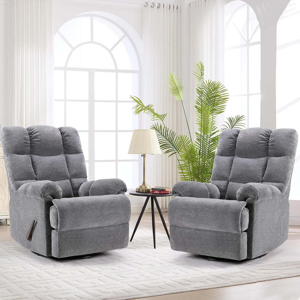 CANMOV Swivel Rocker Recliner for Adults Set of 2,Glider Rocking Reclining Chair for Nursery,Manual Recliner Chair with Overstuffed Back and Arms for Living Room Bedroom Nursery,Grey