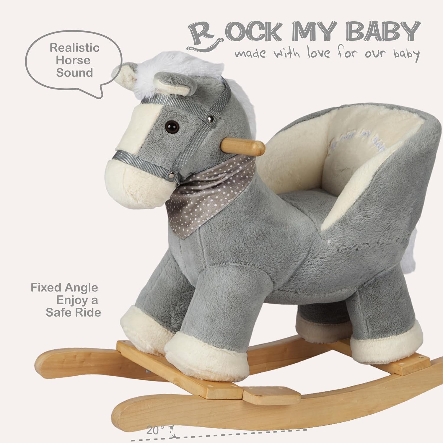 Rock My Baby Rocking Gray Horse with Chair, Plush Stuffed Rocking Pony with Realistic Sound, Baby Rocker Animal for Toddlers 1-3 Ride on,CPC Certified