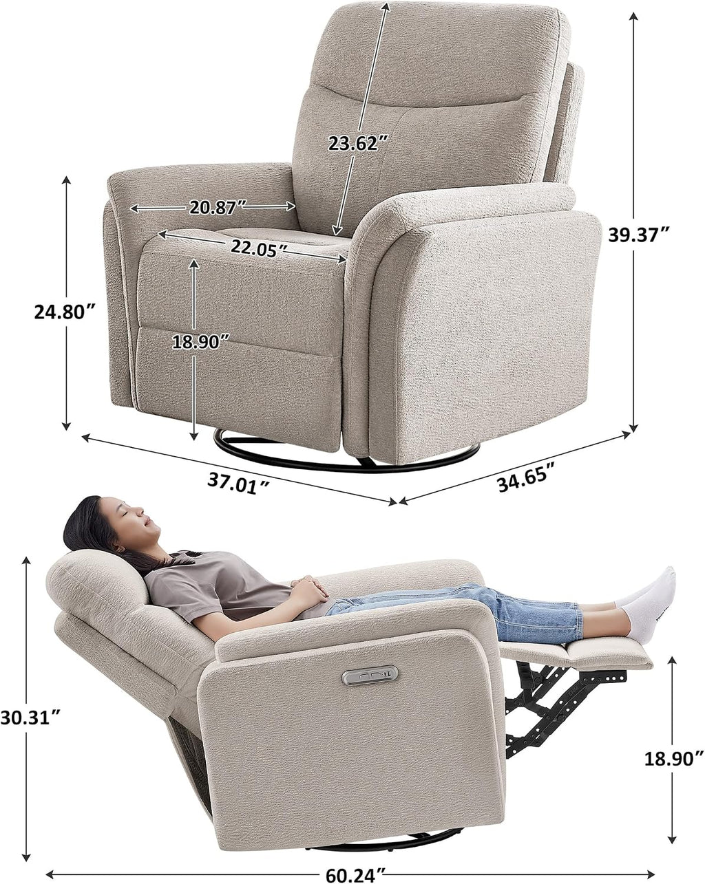 VANOMi Power Recliner Chair Swivel Glider, Electric Rocking Recliner Chairs with USB and Type-C Ports, Nursery Chair Recliner for Living Room, Bedroom, Apartment（Camel）