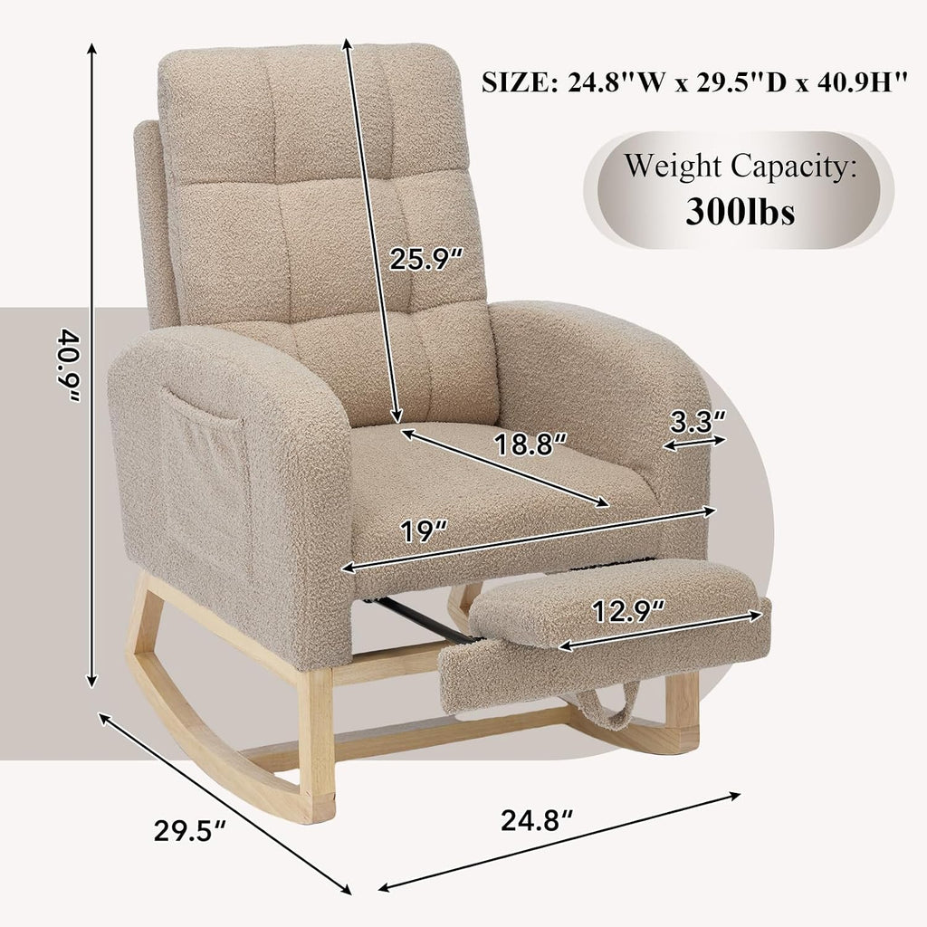 Nursery Rocking Chair, Polyester Upholstered Glider Chair with Footrest, Comfy Rocker Chair, Accent Chair with High Backrest, Glider Rocker, Armchair for Living Room (Brown Teddy)