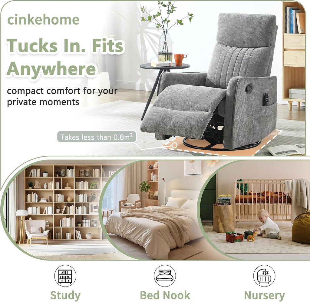 cinkehome Heated Massage Swivel Rocker Recliner Chair for Nursery - Small Space Reclining Chair with Lumbar Support, 360° Swivel & Gentle Rocking, Ergonomic High Back Chenille Fabric Gray