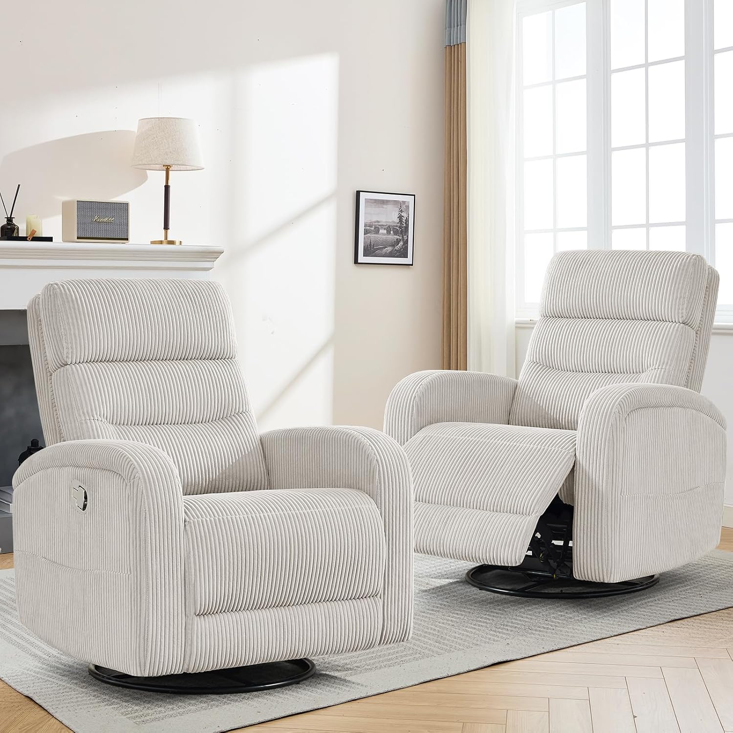 Swivel Rocker Recliner Glider Rocking Chair for Nursery, Corduroy Recliner with Chunky Cushion, Manual Swivel Recliner Chair for Living Room, Bedroom, Nursery(Camel)