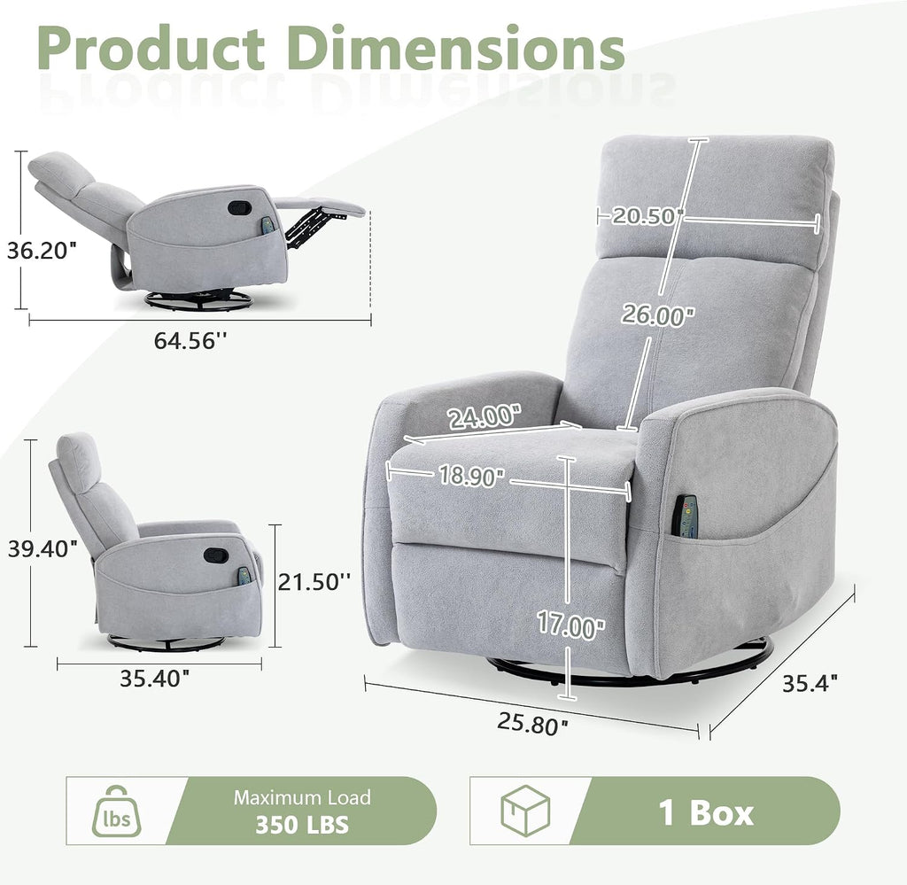 cinkehome Heated Massage Swivel Rocker Recliner Chair for Nursery - Small Space Reclining Chair with Lumbar Support, 360° Swivel & Gentle Rocking, Ergonomic High Back Short Plush Light Grey
