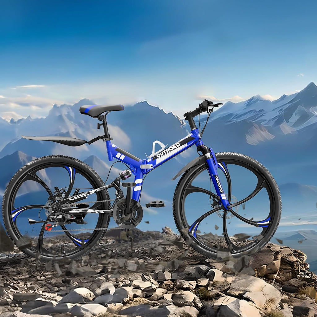 26 Inch Adult Folding Bikes/Mountain Bikes, 21 Speeds Mountain Bicycles with Full Suspension, Dual Disc Brake, High Carbon Steel Frame, Foldable Bike for Men/Women/Teen, Multiple Colors