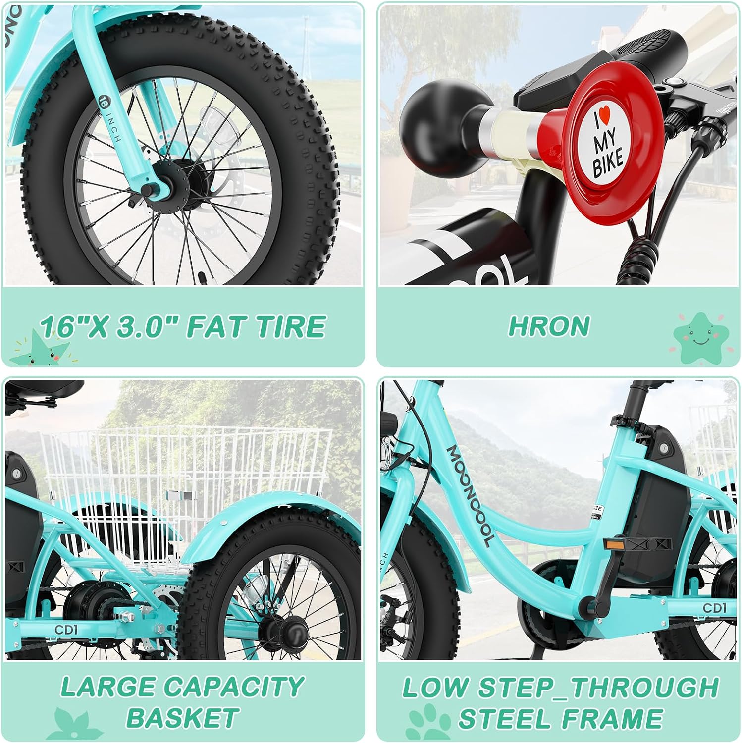 LILYPELLE Electric Tricycle for Youth, 250W Aluminum Frame Electric Tricycle Etrike, 16IN 3 Wheels Electric Bicycle Bikes, 3.0 Fat Tire Electric Trike with Removable Battery and Rear Basket