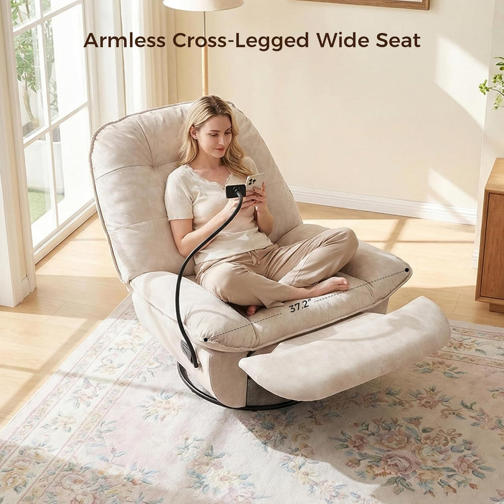 Swivel Rocker Recliner Chair for Adult, Glider Nursery Rocking Chair, Armless Manual Single Recliner Sofa for Living Room, Oversized & Overstuffed, Phone Holder Included, Beige Velvet