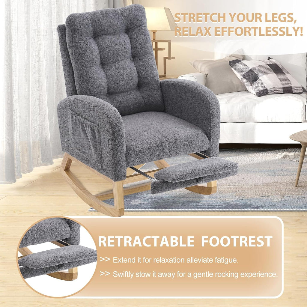 cinkehome Nursery Rocking Chair with Retractable Foot Rest, Teddy Glider Rocking Chair, Mid Century Rocker Chair, High Back, Solid Wood Legs